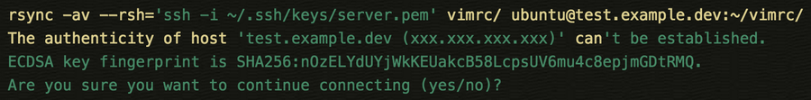 rsync -av --rsh='ssh -i ~/.ssh/keys/server.pem' vimrc/ ubuntu@test.example.dev:~/vimrc/